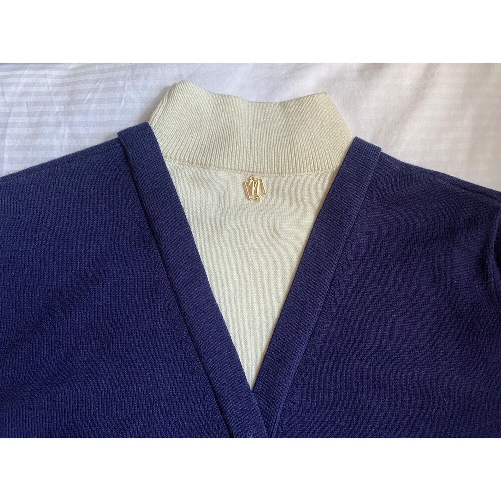 Noir Noir Navy Wool Cardigan with Built-in Cream Mock Neck. Reverse Button Back. - Picture 11 of 14